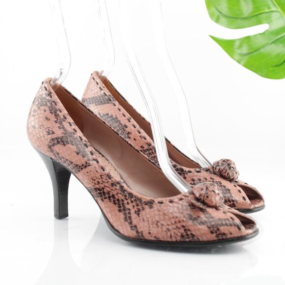 Franco Sarto Women Pump Size 7.5 Pink Snakeskin Leather Peep Toe Heel Dress Shoe - Picture 1 of 13